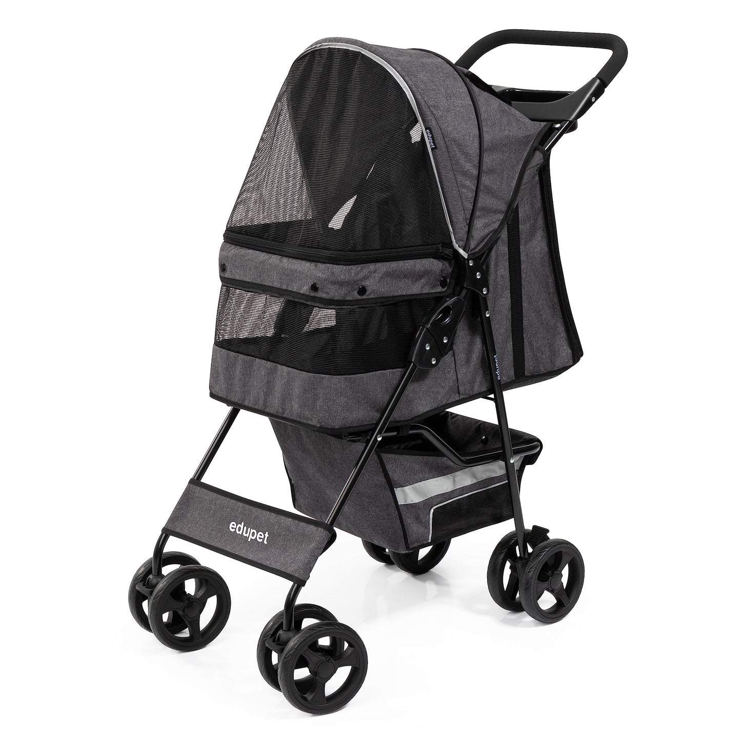 Edupet: Pet Stroller: Grey & Black - 33 lb Capacity - Includes Storage Basket Transport Dogs & Cats Pets Foldable Design 4 Swivel Wheels