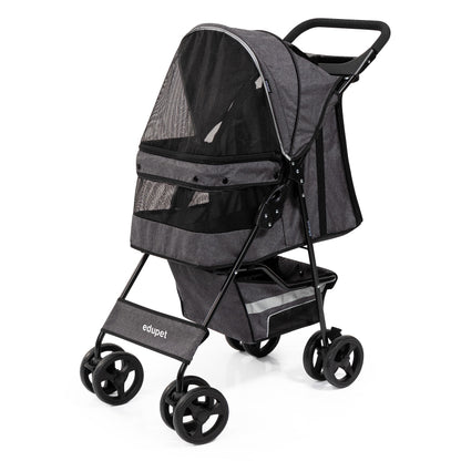 Edupet: Pet Stroller: Grey & Black - 33 lb Capacity - Includes Storage Basket Transport Dogs & Cats Pets Foldable Design 4 Swivel Wheels